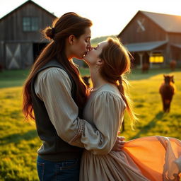 A romantic scene featuring a dark auburn haired woman wearing a traditional pioneer long-sleeved dress, her dress flowing gracefully