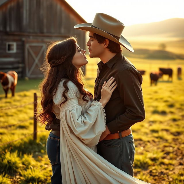 A romantic scene featuring a dark auburn haired woman wearing a traditional pioneer long-sleeved dress, her dress flowing gracefully