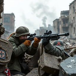 Lyudmila Pavlichenko, dressed in accurate World War II military camo uniform, is locked in a tense sniper duel with a German sniper in a war-torn urban landscape