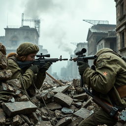 Lyudmila Pavlichenko, dressed in accurate World War II military camo uniform, is locked in a tense sniper duel with a German sniper in a war-torn urban landscape