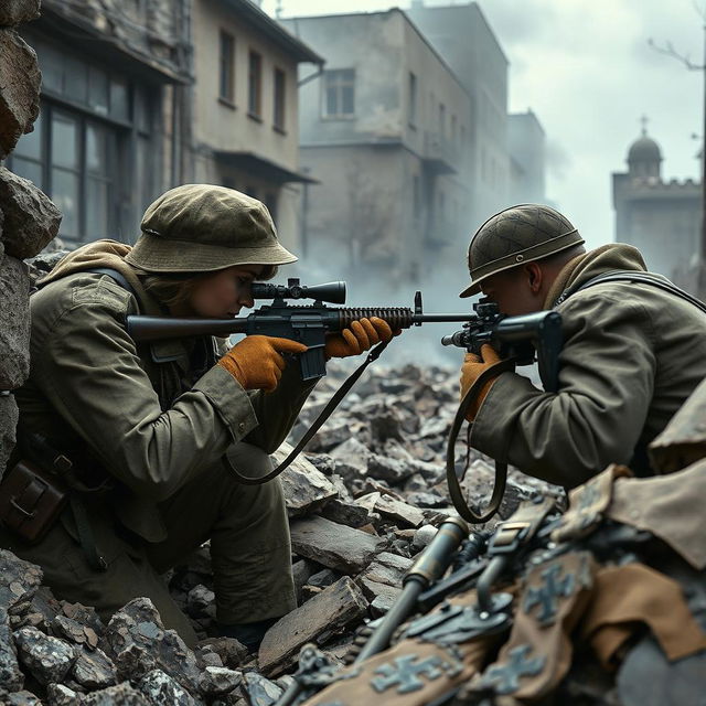 Lyudmila Pavlichenko, dressed in accurate World War II military camo uniform, is locked in a tense sniper duel with a German sniper in a war-torn urban landscape