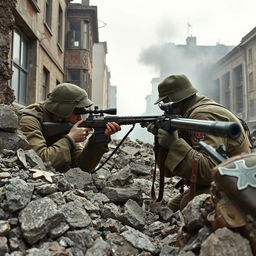 Lyudmila Pavlichenko, dressed in accurate World War II military camo uniform, is locked in a tense sniper duel with a German sniper in a war-torn urban landscape