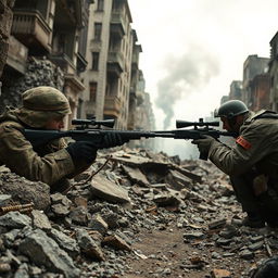 Lyudmila Pavlichenko, clad in authentic World War II military camouflage, is engaged in a tense sniper duel with a German sniper in a war-torn urban landscape