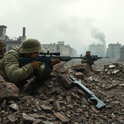 Lyudmila Pavlichenko, clad in authentic World War II military camouflage, is engaged in a tense sniper duel with a German sniper in a war-torn urban landscape