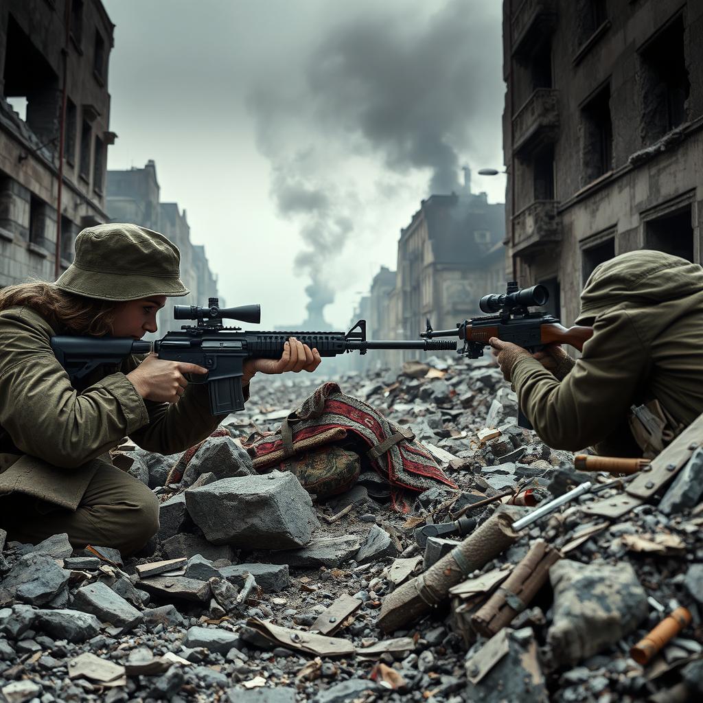 Lyudmila Pavlichenko, clad in authentic World War II military camouflage, is engaged in a tense sniper duel with a German sniper in a war-torn urban landscape