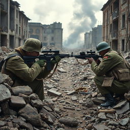 Lyudmila Pavlichenko, clad in authentic World War II military camouflage, is engaged in a tense sniper duel with a German sniper in a war-torn urban landscape