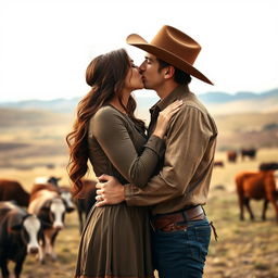 A dark auburn-haired woman wearing a pioneer-style long-sleeved dress is kissing a very tall brown-haired young cowboy