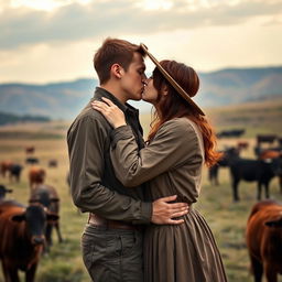 A dark auburn-haired woman wearing a pioneer-style long-sleeved dress is kissing a very tall brown-haired young cowboy