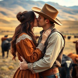 A dark auburn-haired woman wearing a pioneer-style long-sleeved dress is kissing a very tall brown-haired young cowboy