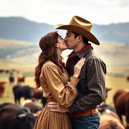 A dark auburn-haired woman wearing a pioneer-style long-sleeved dress is kissing a very tall brown-haired young cowboy