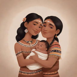 A wholesome cartoon of an indigenous couple tenderly holding a baby. They are dressed in tribal garments, showcasing their cultural heritage. Their faces beam with love for their little one.