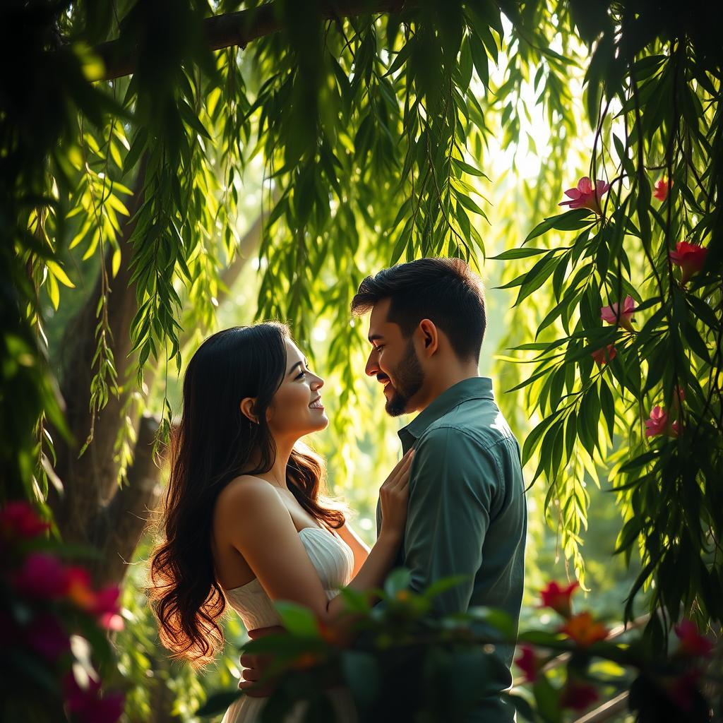 A romantic scene set in a lush, tropical banyan tree environment