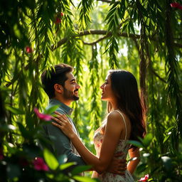 A romantic scene set in a lush, tropical banyan tree environment