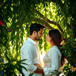 A romantic scene set in a lush, tropical banyan tree environment