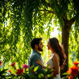 A romantic scene set in a lush, tropical banyan tree environment