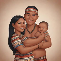 A wholesome cartoon of an indigenous couple tenderly holding a baby. They are dressed in tribal garments, showcasing their cultural heritage. Their faces beam with love for their little one.