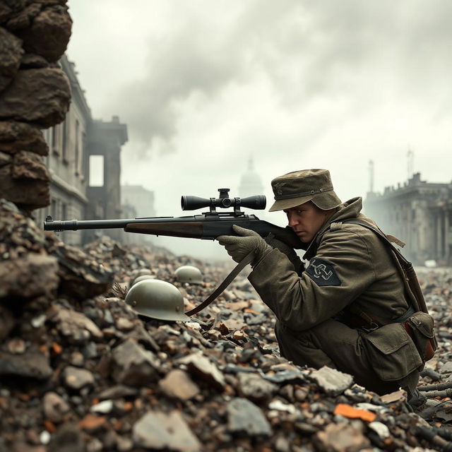 A German sniper, clad in authentic World War II military uniform and camouflage, is positioned in a tense, war-torn urban landscape