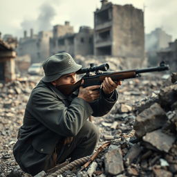 A German sniper, clad in authentic World War II military uniform and camouflage, is positioned in a tense, war-torn urban landscape