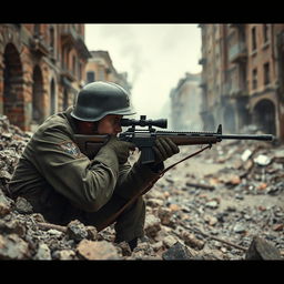 A German sniper, clad in authentic World War II military uniform and camouflage, is positioned in a tense, war-torn urban landscape