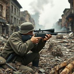 A German sniper, clad in authentic World War II military uniform and camouflage, is positioned in a tense, war-torn urban landscape