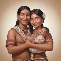 A wholesome cartoon of an indigenous couple tenderly holding a baby. They are dressed in tribal garments, showcasing their cultural heritage. Their faces beam with love for their little one.