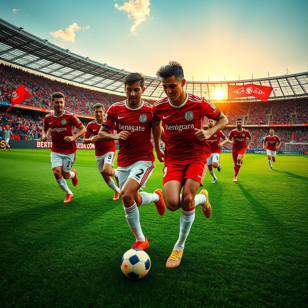 A vivid and dynamic image showcasing a passionate soccer scene featuring the Sport Lisboa e Benfica team in their iconic red and white kits