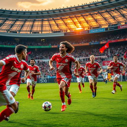 A vivid and dynamic image showcasing a passionate soccer scene featuring the Sport Lisboa e Benfica team in their iconic red and white kits