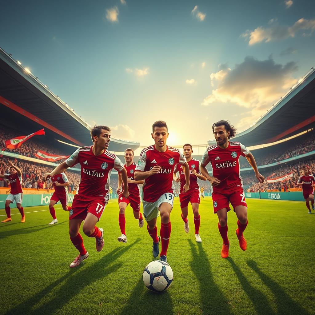 A vivid and dynamic image showcasing a passionate soccer scene featuring the Sport Lisboa e Benfica team in their iconic red and white kits