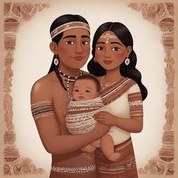 A wholesome cartoon of an indigenous couple tenderly holding a baby. They are dressed in tribal garments, showcasing their cultural heritage. Their faces beam with love for their little one.