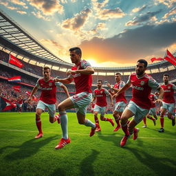 A vivid and dynamic image showcasing a passionate soccer scene featuring the Sport Lisboa e Benfica team in their iconic red and white kits