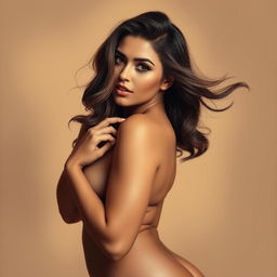 A sensual depiction of a curvy, beautiful woman in a tastefully suggestive pose, set against a soft, warm background