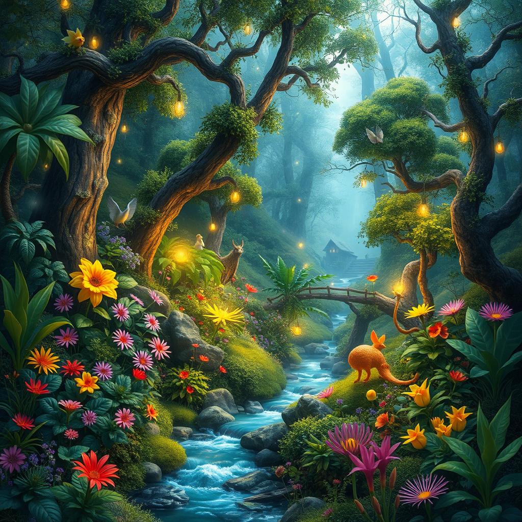 A magical enchanted forest, lush and vibrant, filled with a variety of exotic plants and flowers, ethereal lights floating gently through the air, mystical creatures peeking from behind trees, a serene stream winding through the landscape, soft mist lingering above the ground, bright colors contrasting with deep greens, an inviting atmosphere that sparks curiosity and wonder