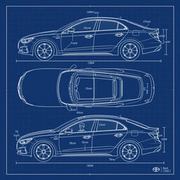 A detailed and precise car blueprint showcasing various views of a car including the front, left side, right side, top view, bottom view, and back view