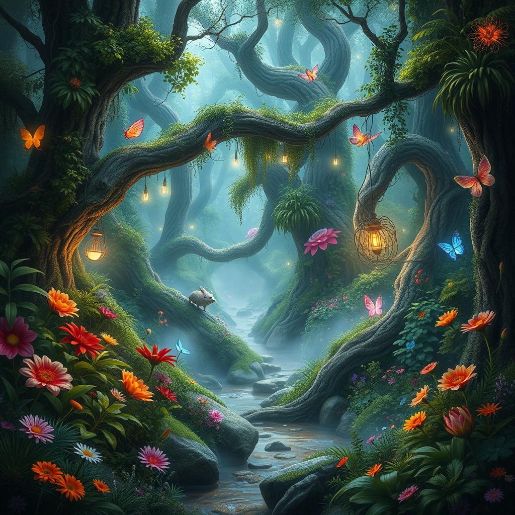 A magical enchanted forest, lush and vibrant, filled with a variety of exotic plants and flowers, ethereal lights floating gently through the air, mystical creatures peeking from behind trees, a serene stream winding through the landscape, soft mist lingering above the ground, bright colors contrasting with deep greens, an inviting atmosphere that sparks curiosity and wonder