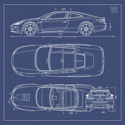 A detailed and precise car blueprint showcasing various views of a car including the front, left side, right side, top view, bottom view, and back view