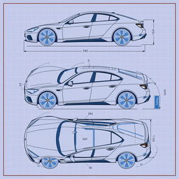 A detailed and precise car blueprint showcasing various views of a car including the front, left side, right side, top view, bottom view, and back view