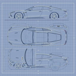 A detailed and precise car blueprint showcasing various views of a car including the front, left side, right side, top view, bottom view, and back view