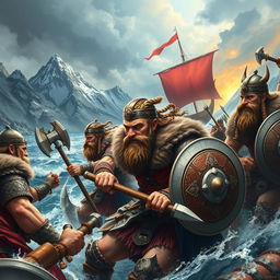 A dynamic and vibrant scene depicting Viking warriors in a fierce battle, set against a dramatic Northern landscape