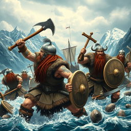 A dynamic and vibrant scene depicting Viking warriors in a fierce battle, set against a dramatic Northern landscape