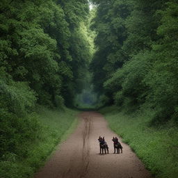 Sniffer dogs on the left side of a dense forest next to a well-tarred road that runs straight through the middle of the woodland area.