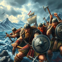 A dynamic and vibrant scene depicting Viking warriors in a fierce battle, set against a dramatic Northern landscape