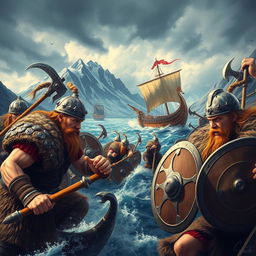 A dynamic and vibrant scene depicting Viking warriors in a fierce battle, set against a dramatic Northern landscape