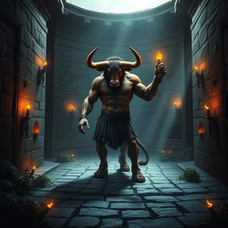 A majestic Minotaur standing in the center of a labyrinthine setting, surrounded by intricate stone walls adorned with ancient Greek motifs