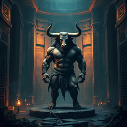 A majestic Minotaur standing in the center of a labyrinthine setting, surrounded by intricate stone walls adorned with ancient Greek motifs