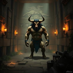 A majestic Minotaur standing in the center of a labyrinthine setting, surrounded by intricate stone walls adorned with ancient Greek motifs