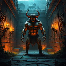 A majestic Minotaur standing in the center of a labyrinthine setting, surrounded by intricate stone walls adorned with ancient Greek motifs