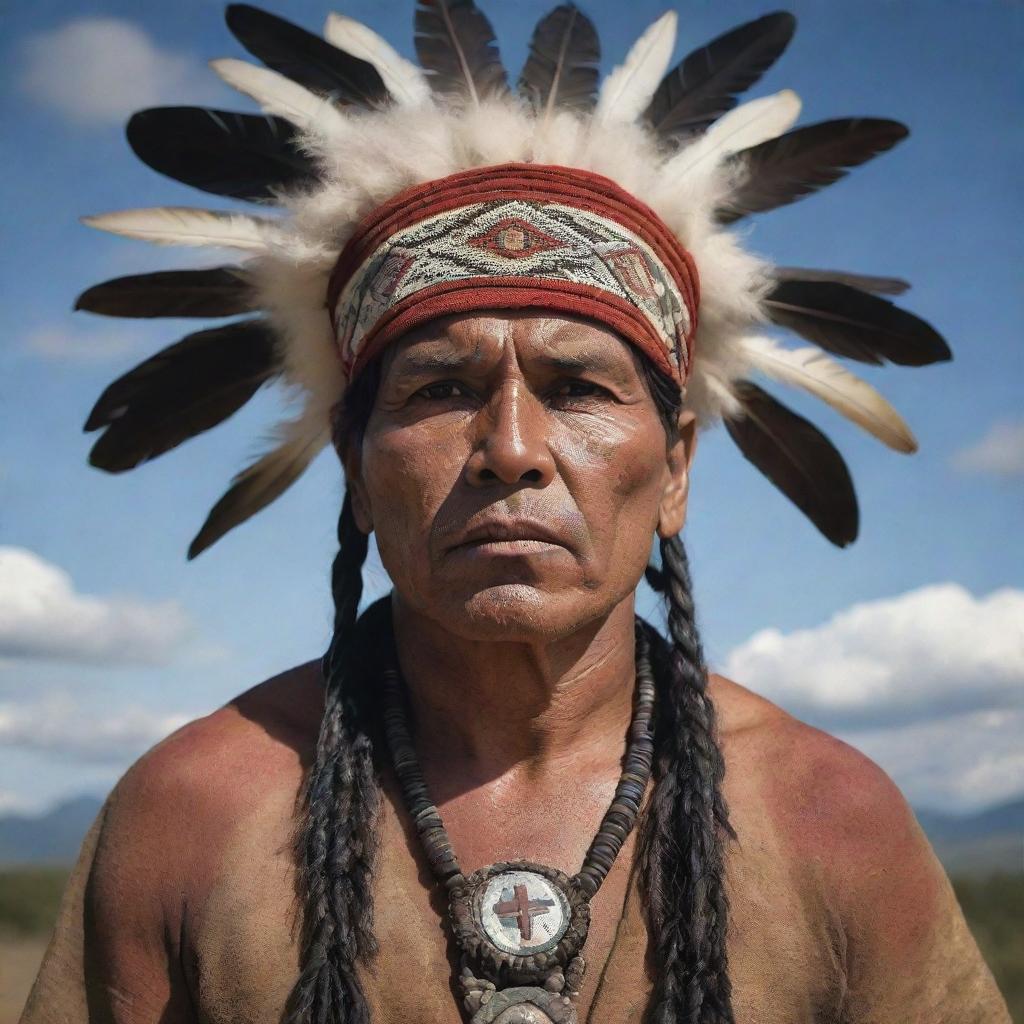 An imposing image of an indigenous man fashioned like a story's antagonist. He broods with mystique and power, his traditional attire further enhancing his formidable presence.