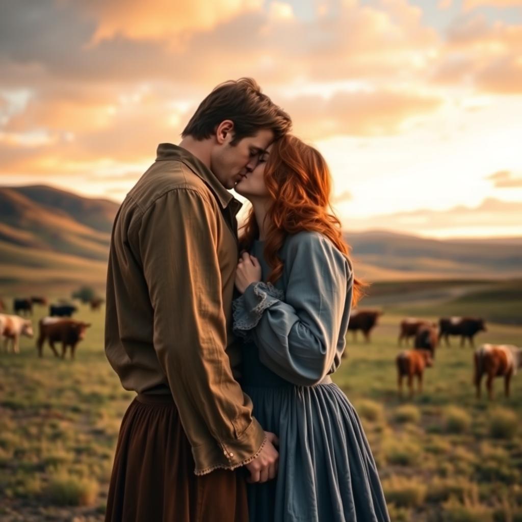 A dark auburn-haired woman in a pioneer-style long-sleeved dress kissing a very tall brown-haired man