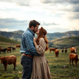 A dark auburn-haired woman in a pioneer-style long-sleeved dress kissing a very tall brown-haired man