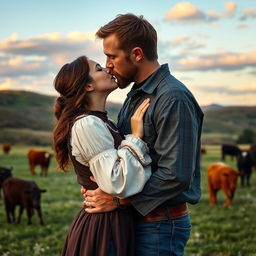 A dark auburn-haired woman in a pioneer-style long-sleeved dress kissing a very tall brown-haired man